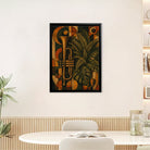 Framed Art Print Featuring Trumpet and Tropical Leaves in Retro Style, Perfect for Home Decor