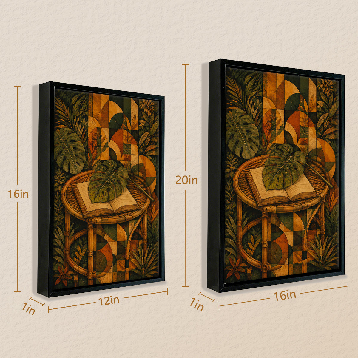Framed Tropical Botanical Art Print with Rattan Table and Open Book, Vintage Style for Home Decor
