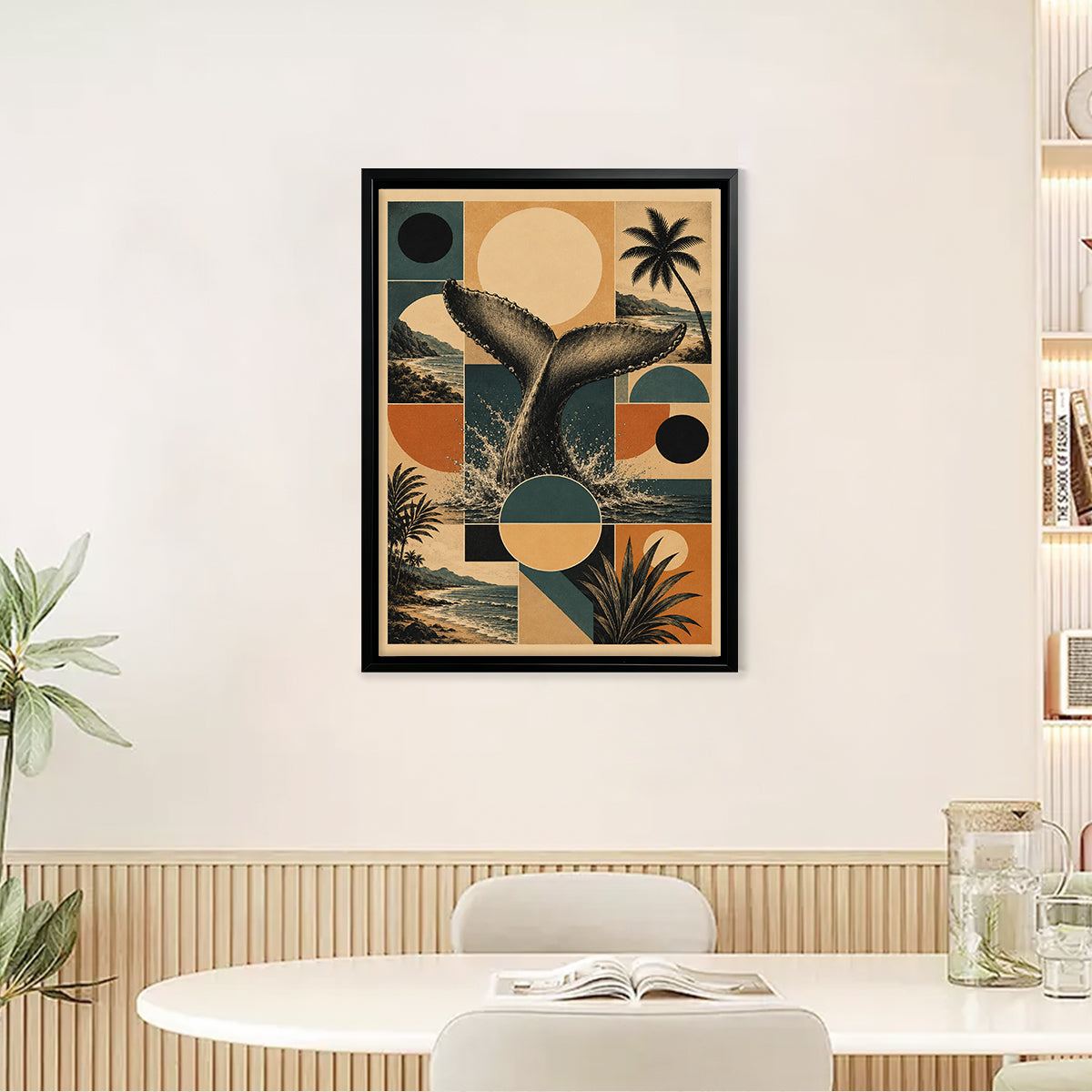 Framed Whale Tail Art Print with Tropical Landscape, Vintage Style, High-Quality Matte Paper, Perfect for Home Decor in California