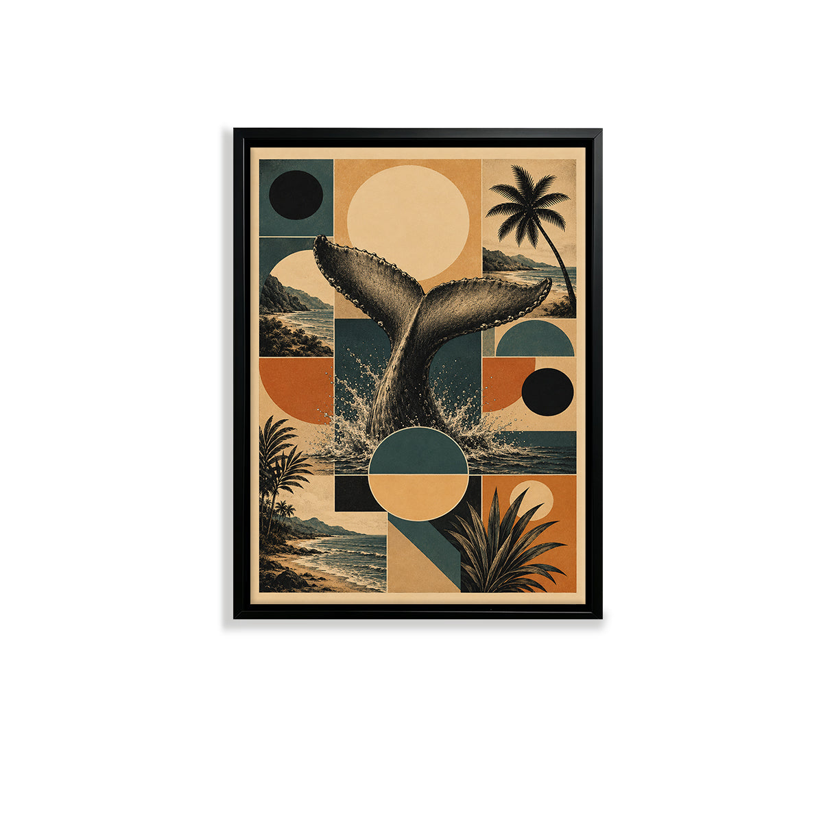 Framed Whale Tail Art Print with Tropical Landscape, Vintage Style, High-Quality Matte Paper, Perfect for Home Decor in California
