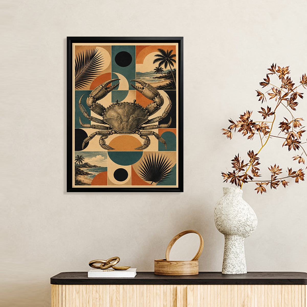 Framed Crab Art Print with Tropical Pattern, Vintage Style, High-Quality Poster for Home Decor