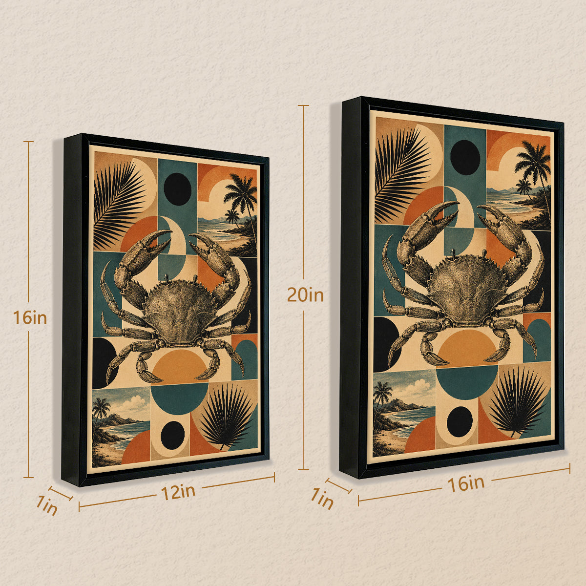 Framed Crab Art Print with Tropical Pattern, Vintage Style, High-Quality Poster for Home Decor