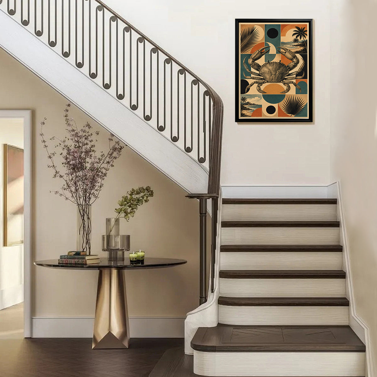 Framed Crab Art Print with Tropical Pattern, Vintage Style, High-Quality Poster for Home Decor