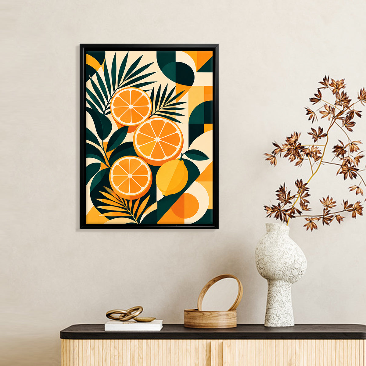 Framed Orange and Lemon Slice Art Print with Tropical Leaves, Modern Retro Style, High-Quality Matte Finish, Perfect for Home or Office Decor