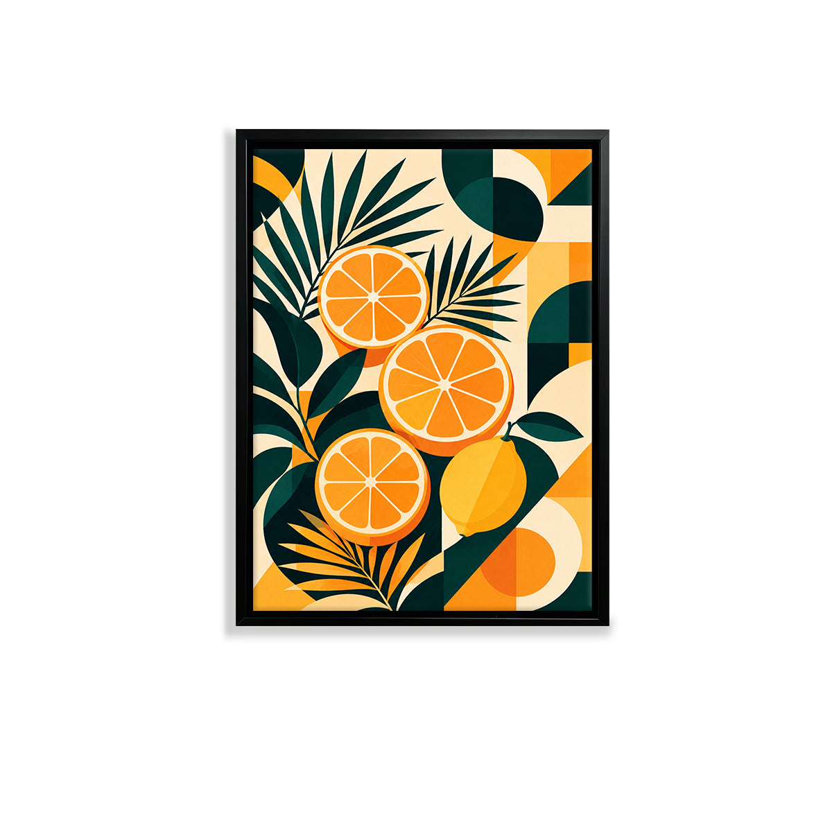 Framed Orange and Lemon Slice Art Print with Tropical Leaves, Modern Retro Style, High-Quality Matte Finish, Perfect for Home or Office Decor