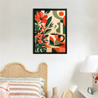 Framed Coffee Art Print with Tropical Flowers, Modern Abstract Design, High-Quality Matte Finish, Perfect Home Decor for Living Room or Kitchen
