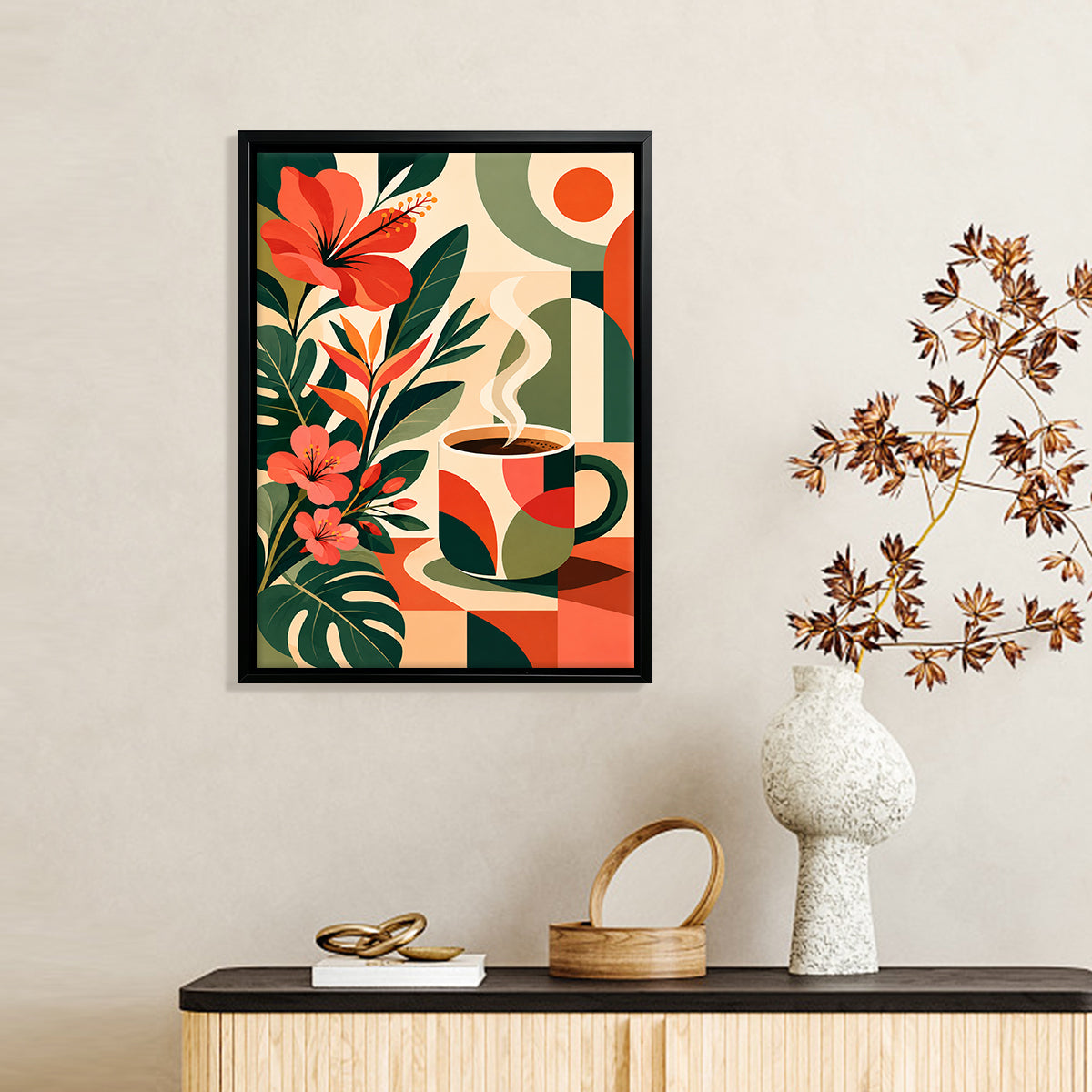 Framed Coffee Art Print with Tropical Flowers, Modern Abstract Design, High-Quality Matte Finish, Perfect Home Decor for Living Room or Kitchen