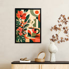 Framed Coffee Art Print with Tropical Flowers, Modern Abstract Design, High-Quality Matte Finish, Perfect Home Decor for Living Room or Kitchen