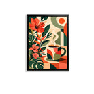 Framed Coffee Art Print with Tropical Flowers, Modern Abstract Design, High-Quality Matte Finish, Perfect Home Decor for Living Room or Kitchen