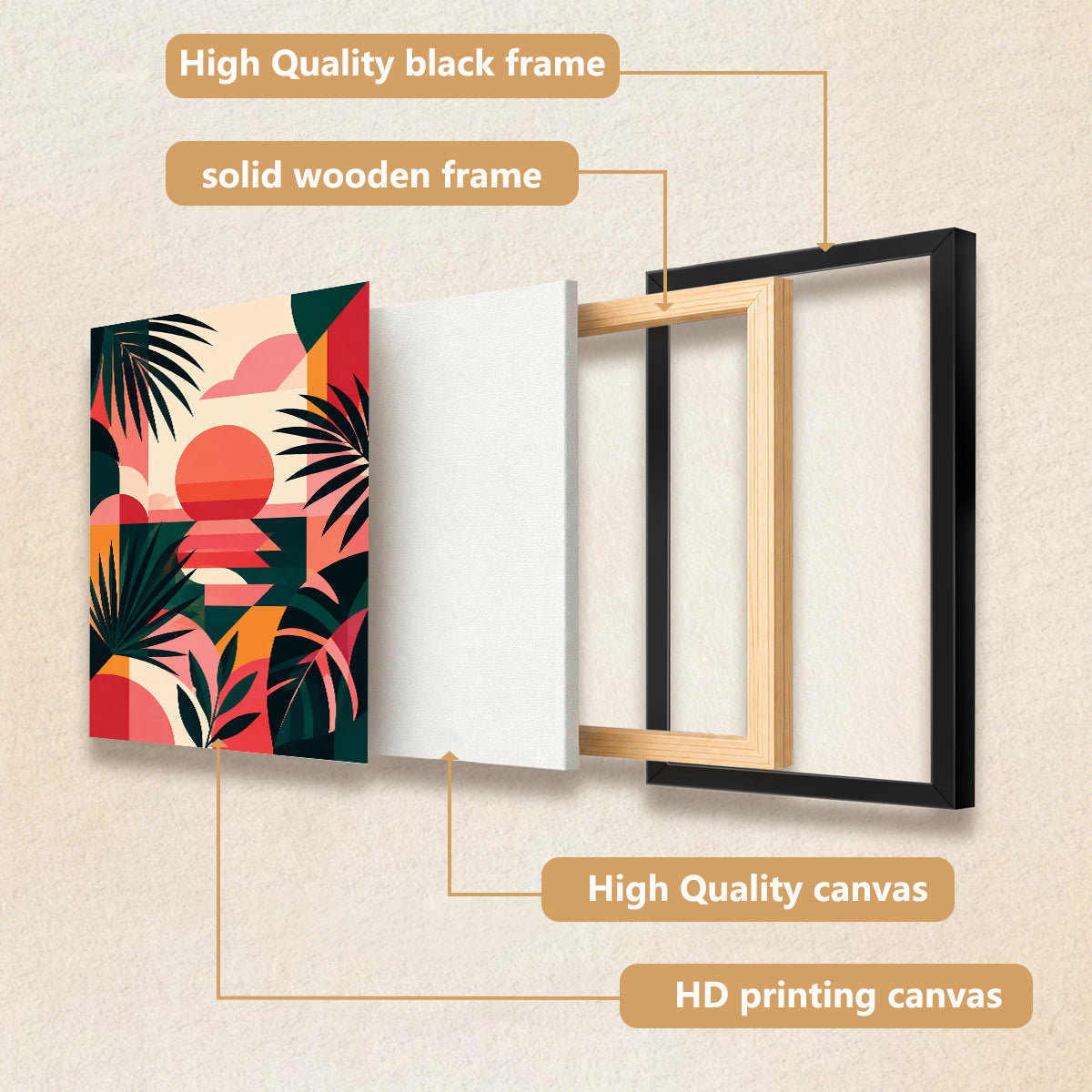 Framed Tropical Sunset Art Print, Modern Abstract Design, High-Quality Matte Finish, Perfect for Home Decor in California