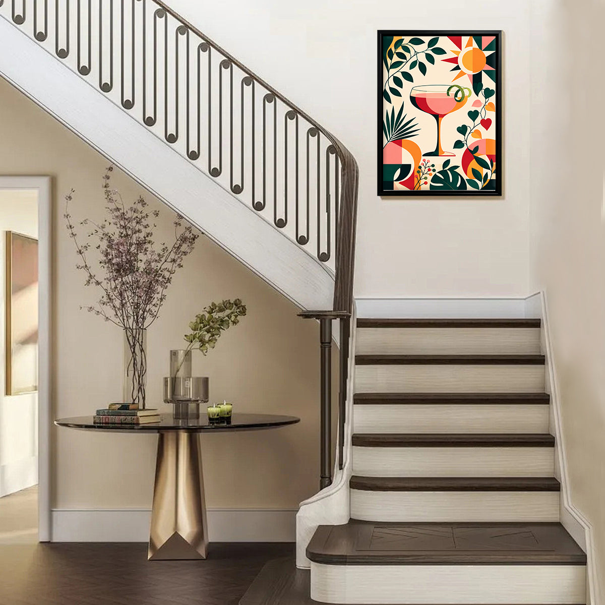Framed Art Print with Tropical Cocktail Design, Retro Style, High-Quality Matte Finish, Perfect for Home Decor in California