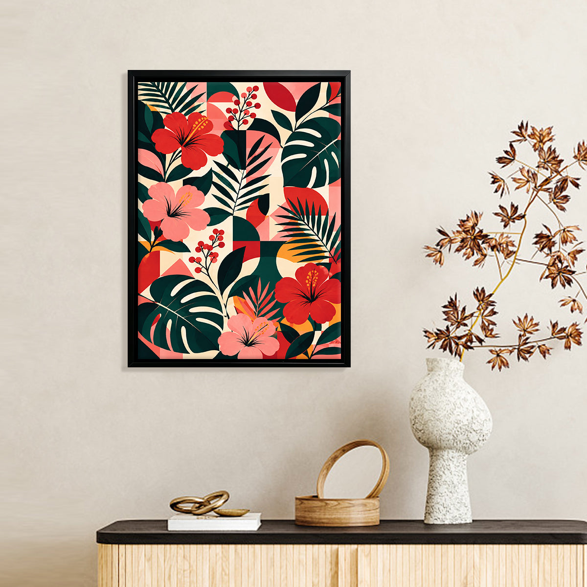Framed Tropical Floral Art Print, Vibrant Pattern, High-Quality Matte Finish, Perfect for Home Decor in Any Room
