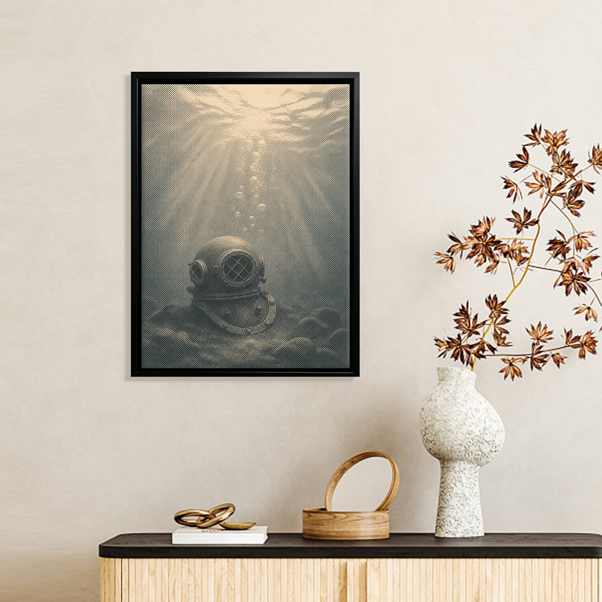Vintage Diver Helmet Underwater Art Print, Sepia Tone Framed Canvas for Home Decor