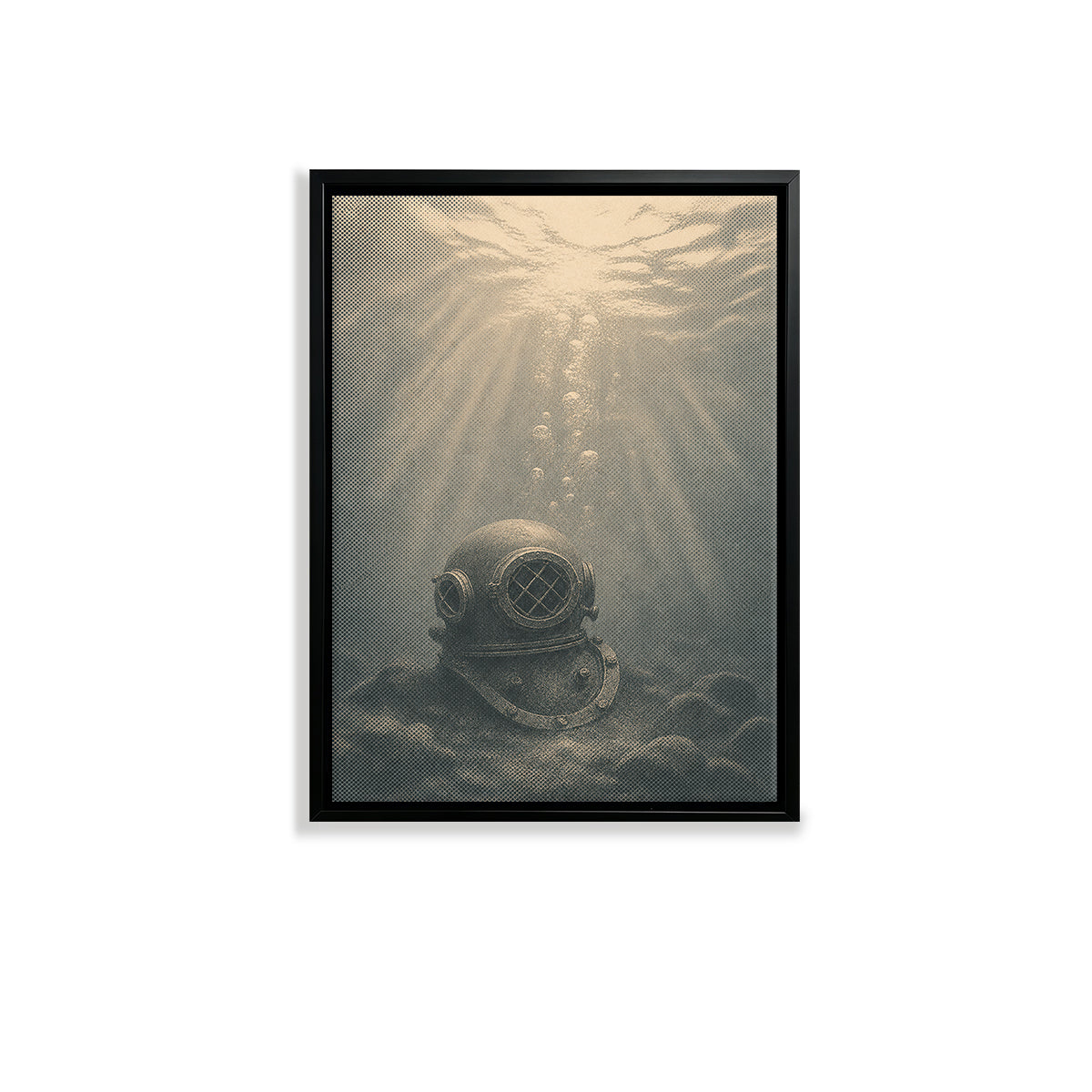 Vintage Diver Helmet Underwater Art Print, Sepia Tone Framed Canvas for Home Decor