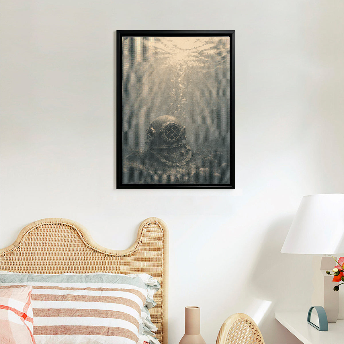 Vintage Diver Helmet Underwater Art Print, Sepia Tone Framed Canvas for Home Decor