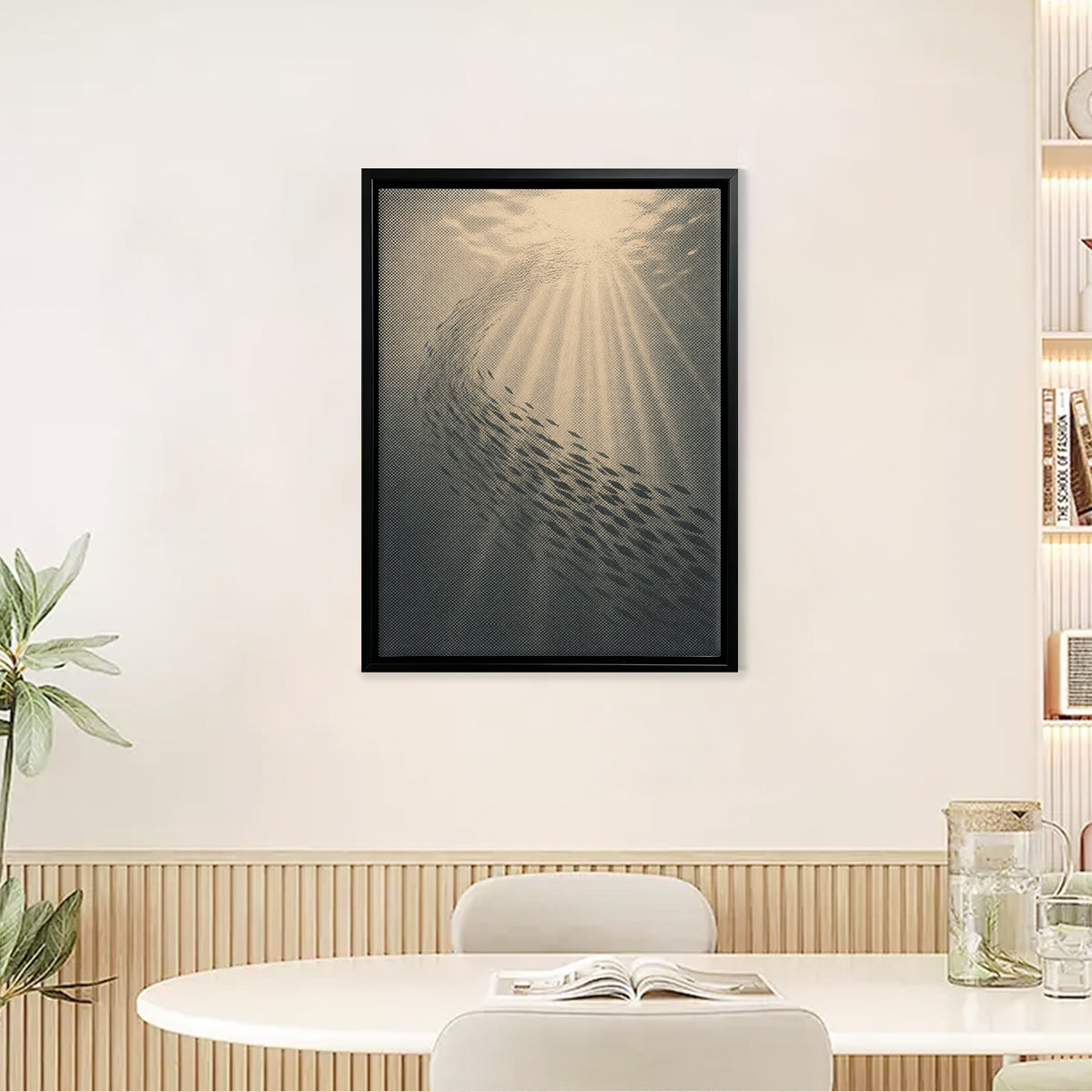 Framed Underwater Fish School Art Print, Vintage Style, High-Quality Canvas, Perfect Home Decor for Living Room or Office