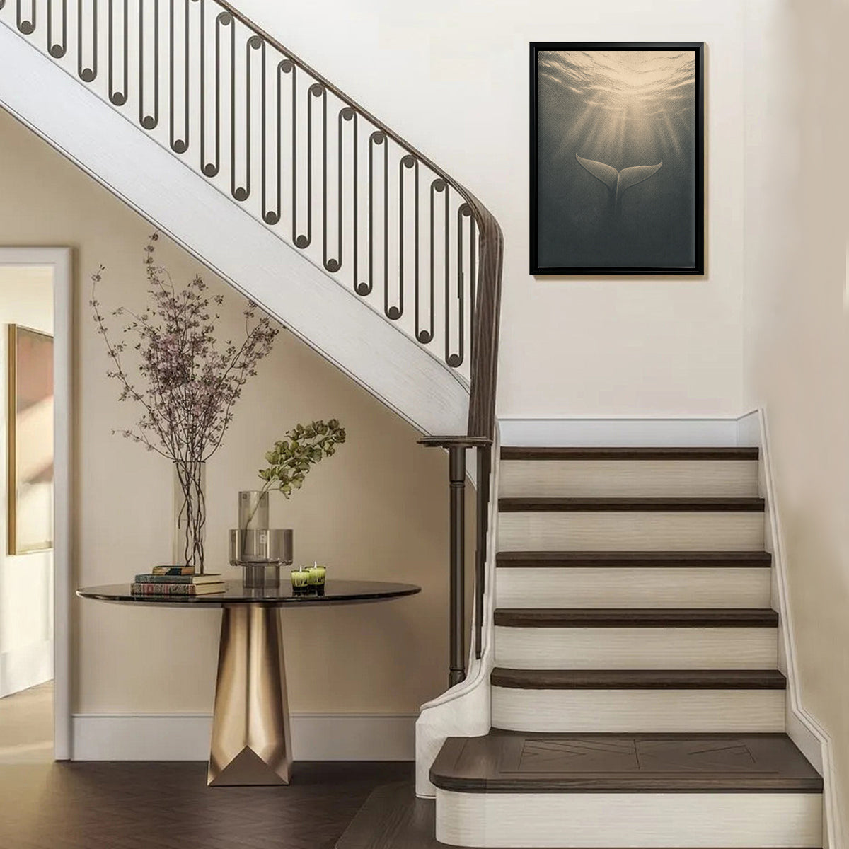 Framed Underwater Whale Tail Art Print, Vintage Style Canvas Painting for Home Decor, Perfect Gift for Ocean Lovers