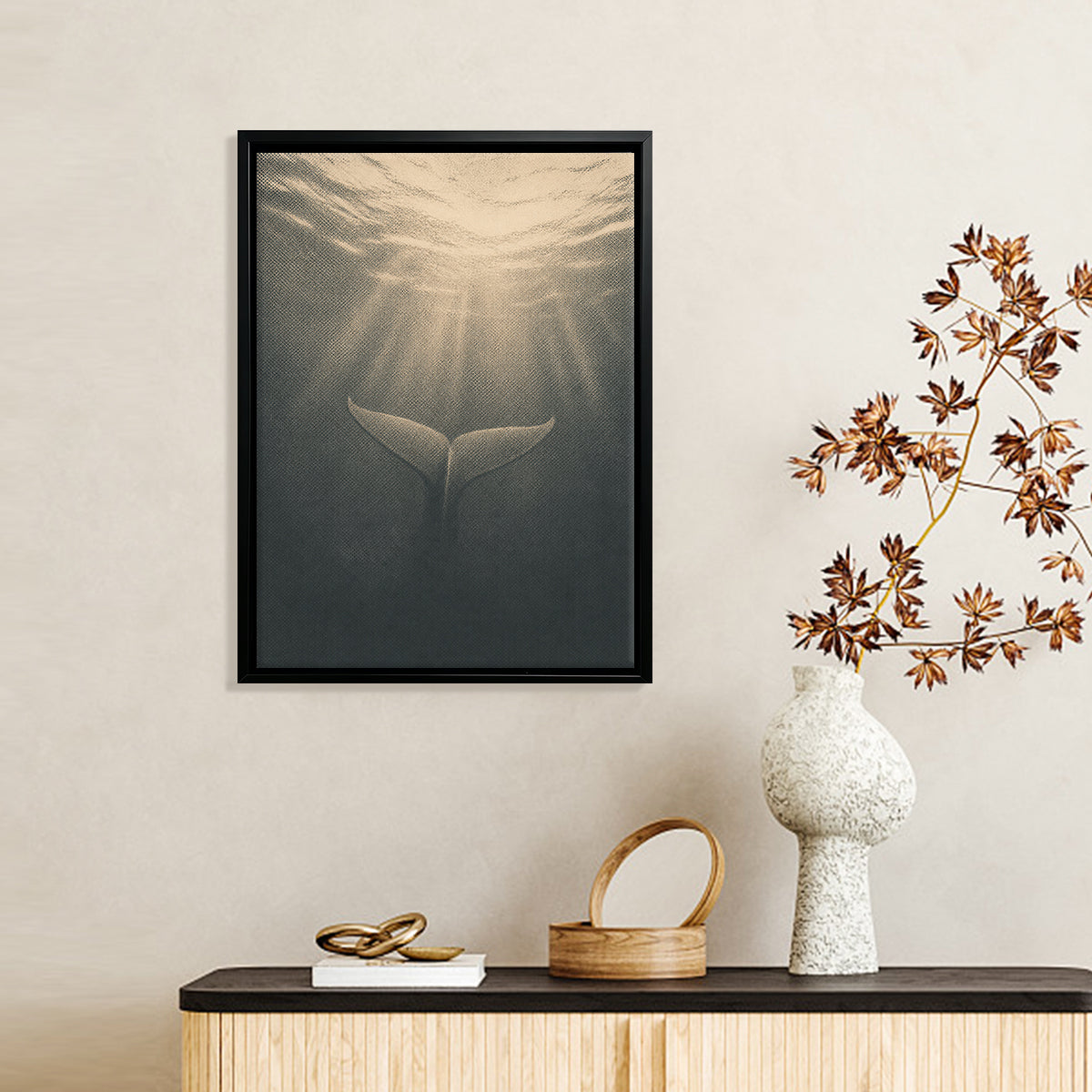 Framed Underwater Whale Tail Art Print, Vintage Style Canvas Painting for Home Decor, Perfect Gift for Ocean Lovers