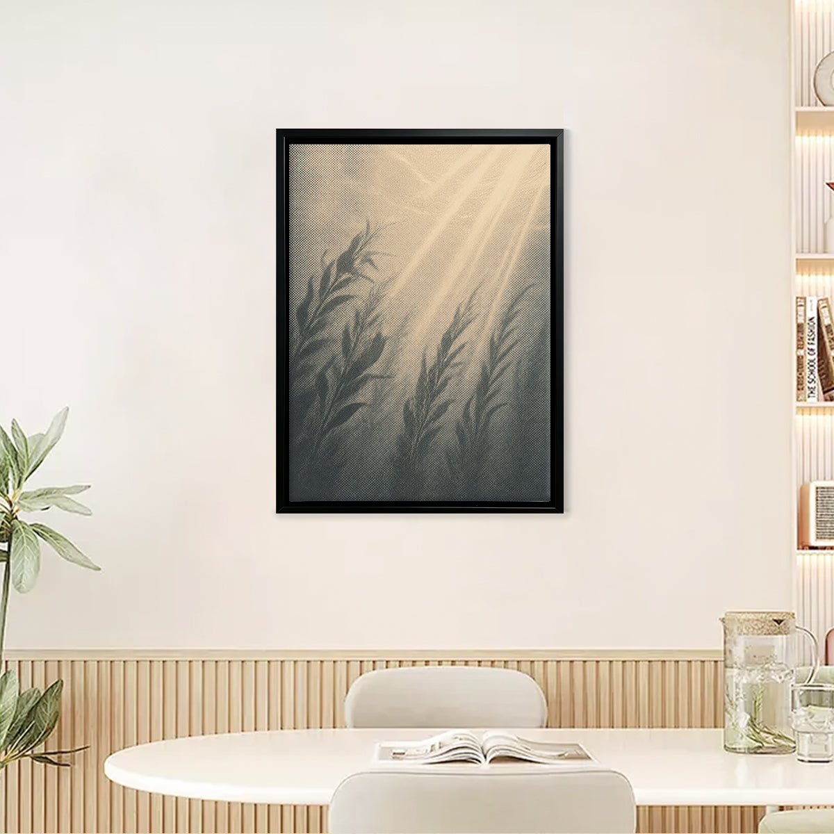 Framed Art Print with Ethereal Light Rays and Botanical Leaves, Vintage Style, High-Quality Matte Finish, Perfect for Home Decor in Any Room