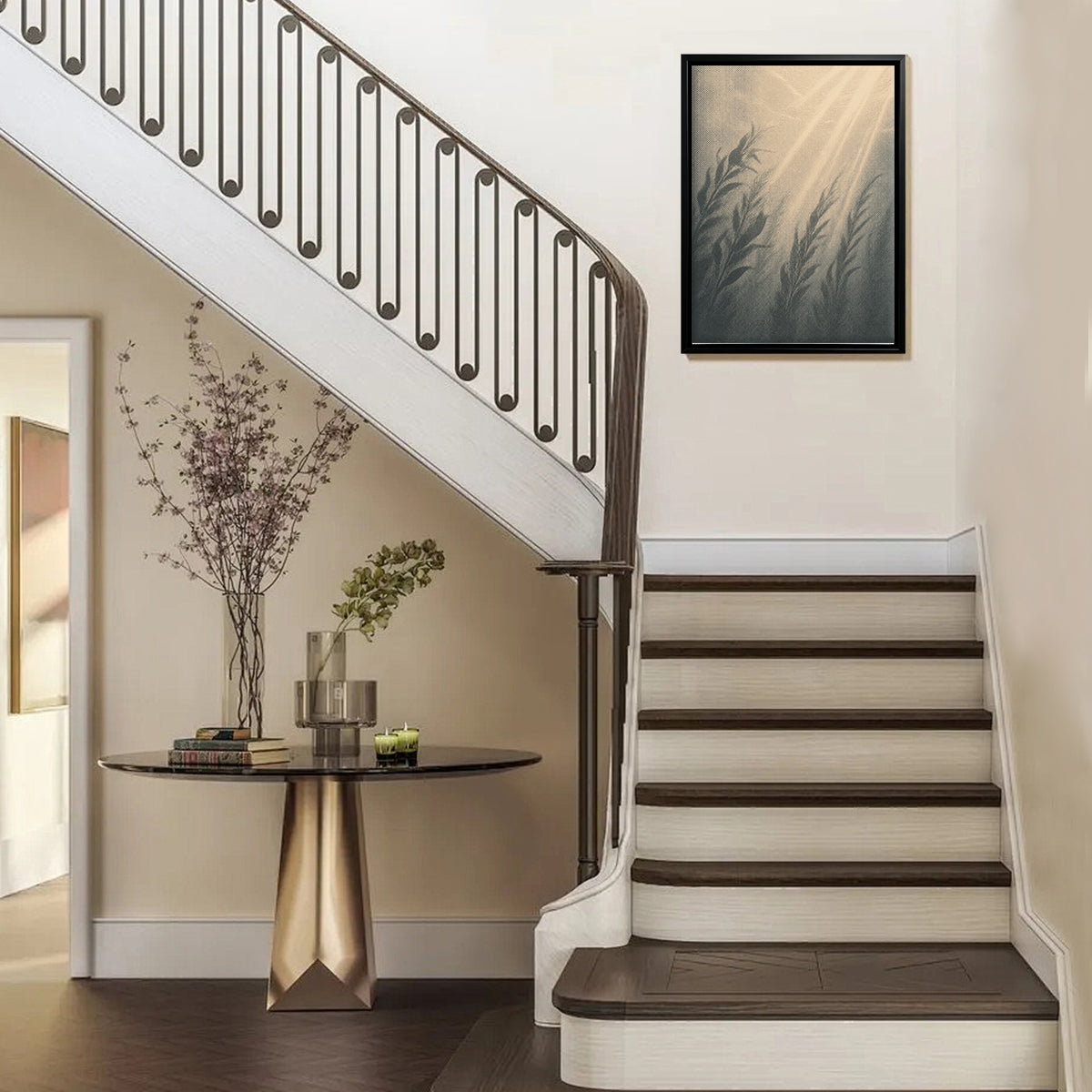 Framed Art Print with Ethereal Light Rays and Botanical Leaves, Vintage Style, High-Quality Matte Finish, Perfect for Home Decor in Any Room