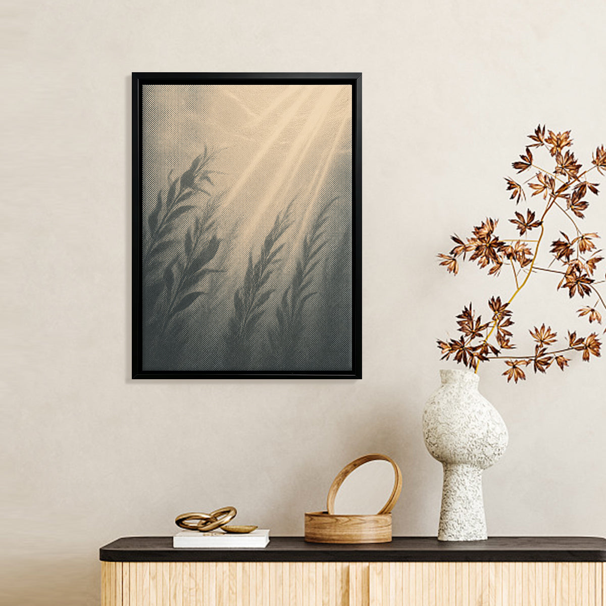 Framed Art Print with Ethereal Light Rays and Botanical Leaves, Vintage Style, High-Quality Matte Finish, Perfect for Home Decor in Any Room