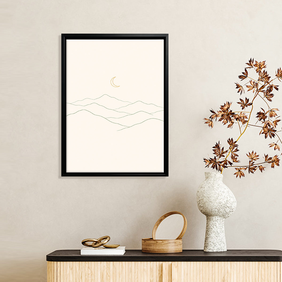 Minimalist Moon Landscape Art Print in Black Frame, Scandinavian Style, Perfect for Home Decor