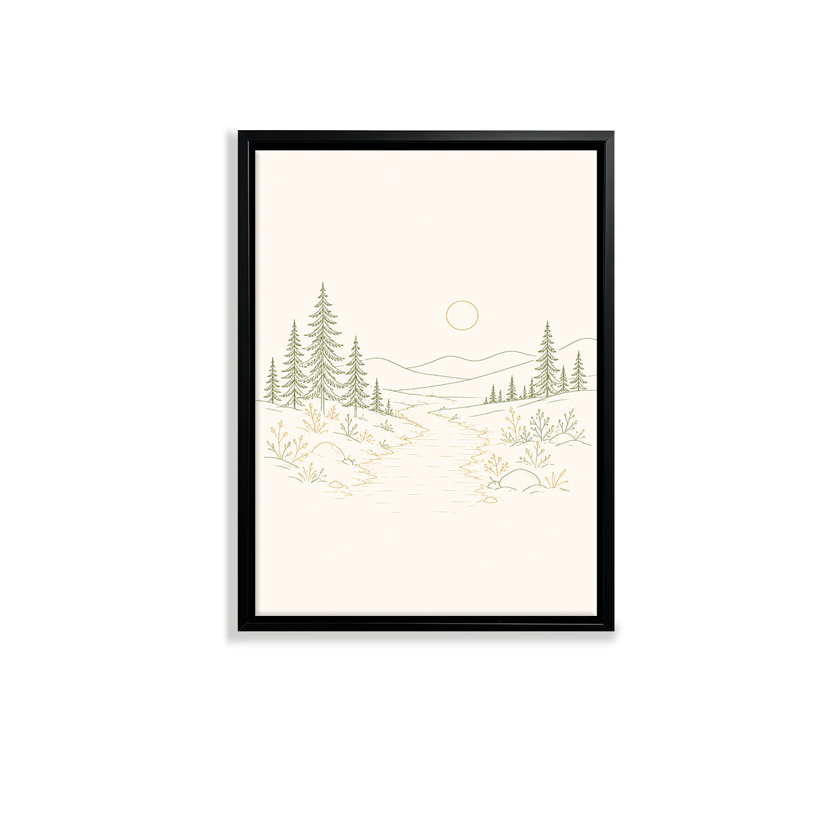 Framed Nature Landscape Art Print with Pine Trees and Stream, Minimalist Style, High-Quality Matte Finish
