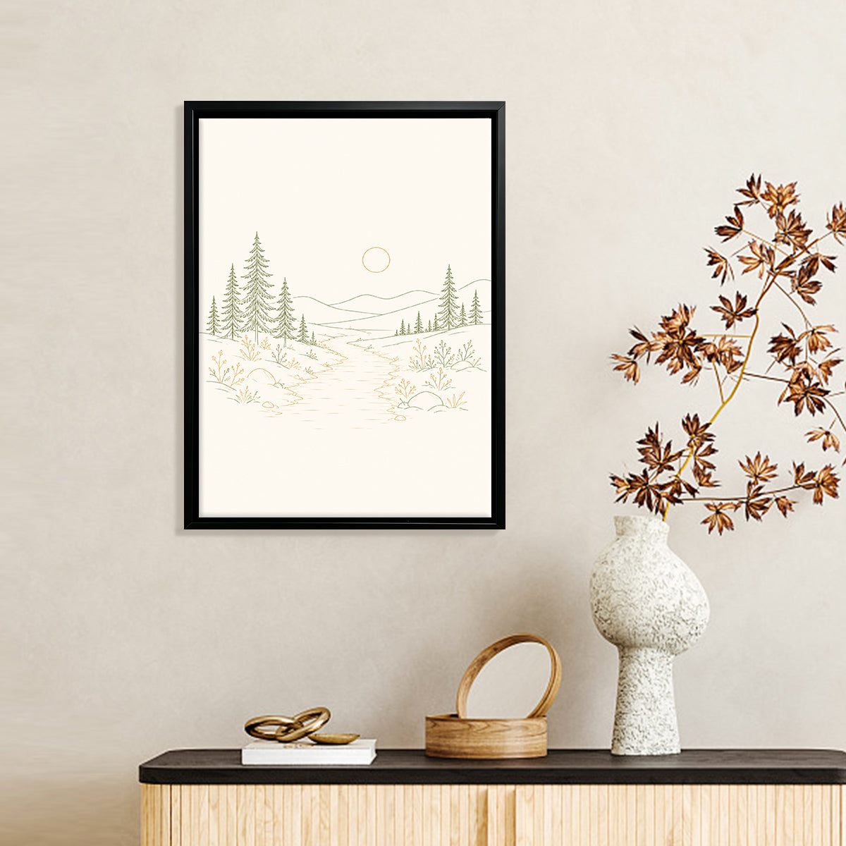 Framed Nature Landscape Art Print with Pine Trees and Stream, Minimalist Style, High-Quality Matte Finish