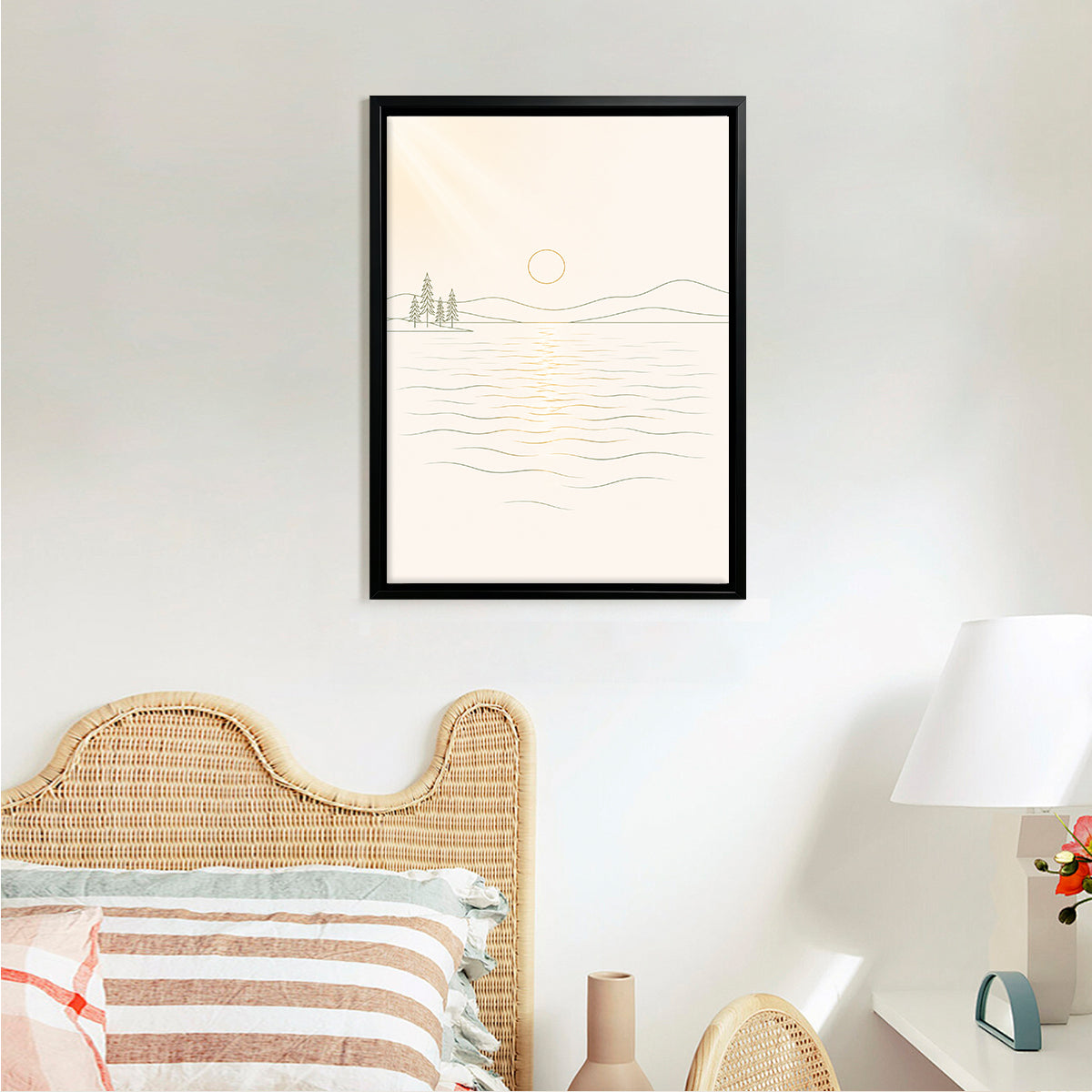 Minimalist Lake Sunrise Art Print in Black Frame - Elegant Home Decor for Any Room