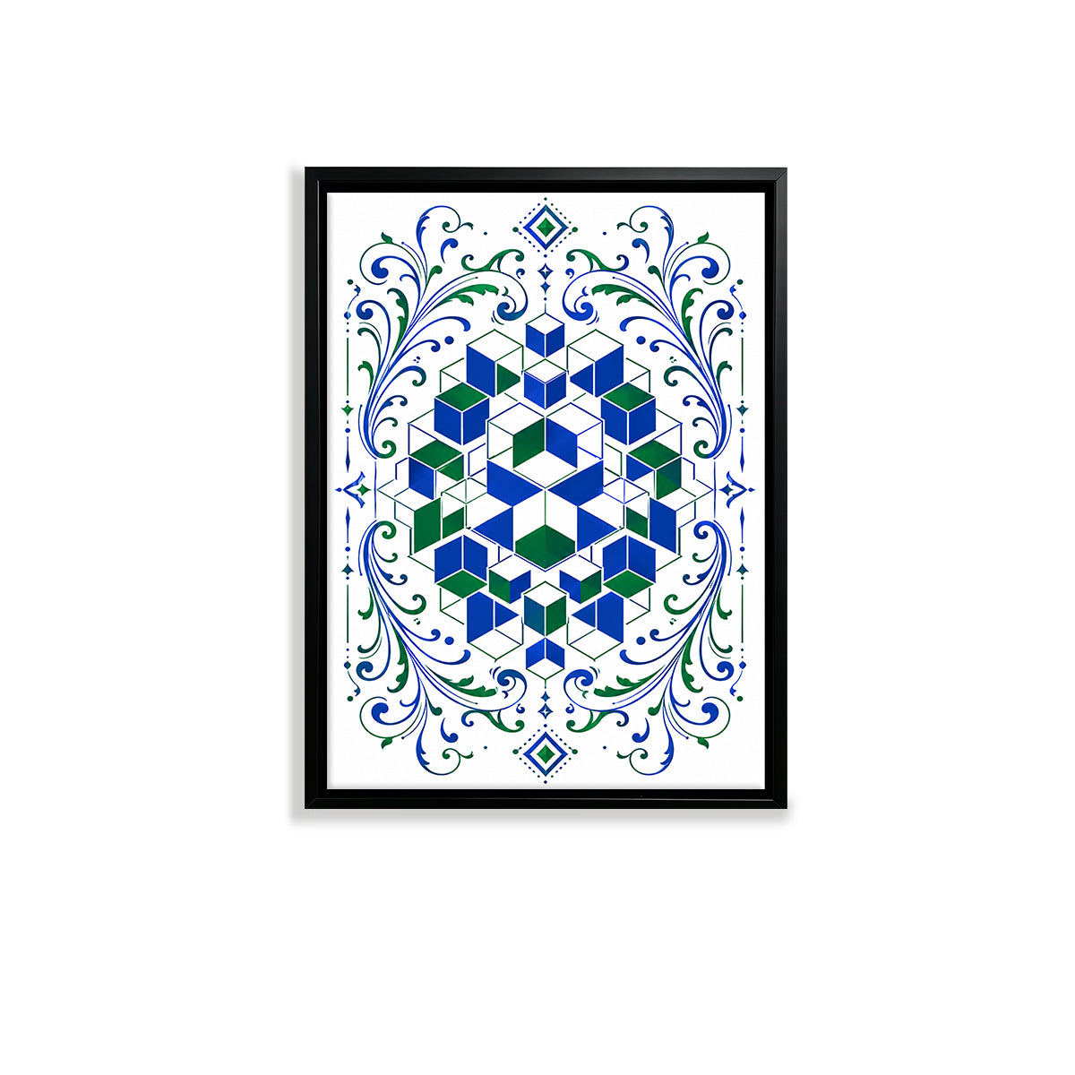 Framed Geometric Cubes Art Print with Ornate Floral Borders, Modern Abstract Design, High-Quality Matte Finish, Perfect for Home or Office Décor