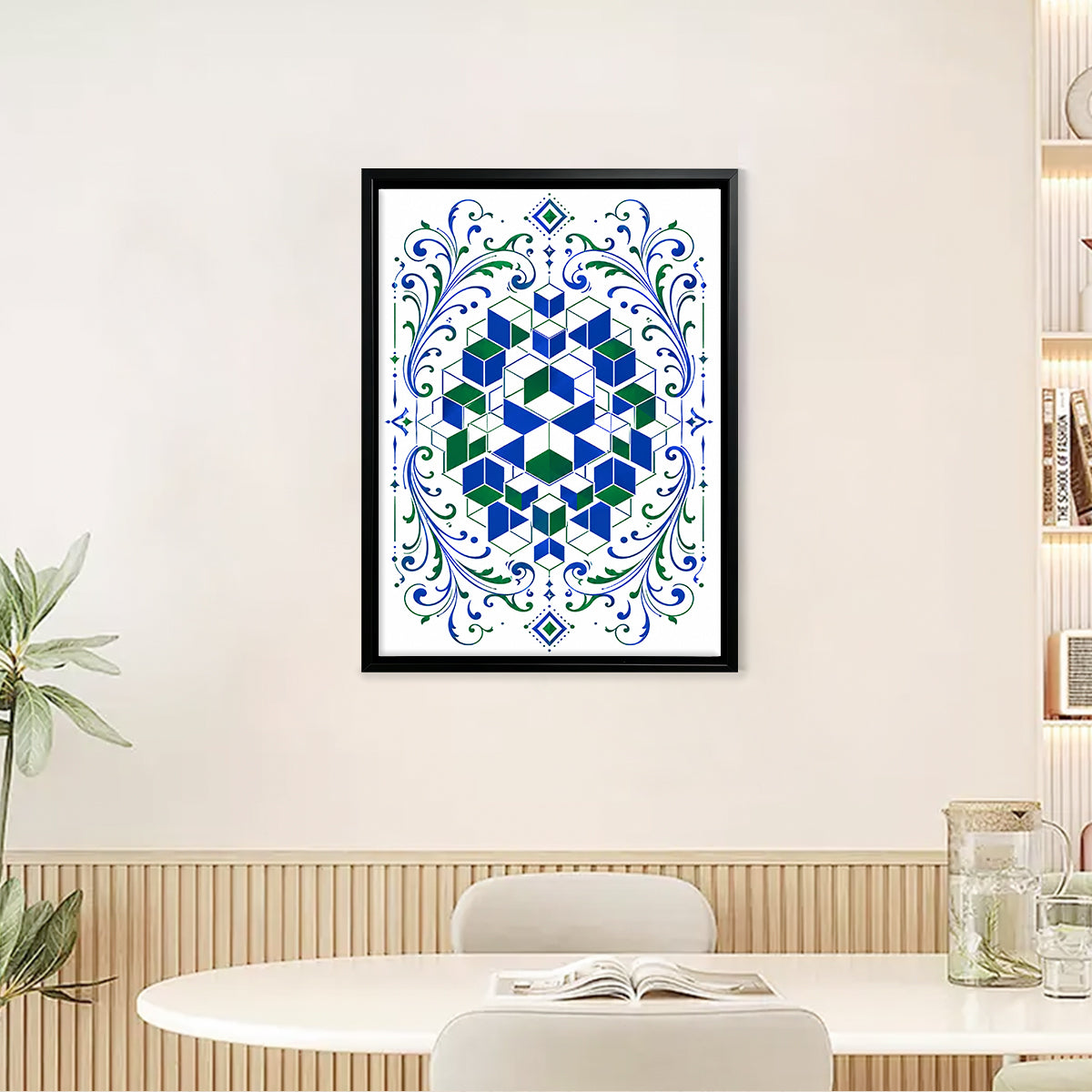 Framed Geometric Cubes Art Print with Ornate Floral Borders, Modern Abstract Design, High-Quality Matte Finish, Perfect for Home or Office Décor