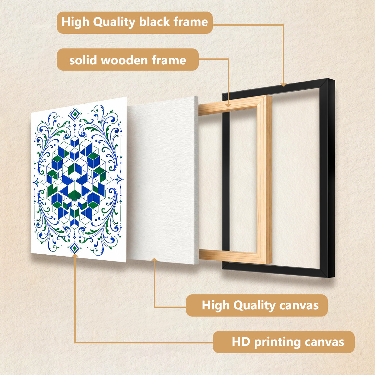 Framed Geometric Cubes Art Print with Ornate Floral Borders, Modern Abstract Design, High-Quality Matte Finish, Perfect for Home or Office Décor