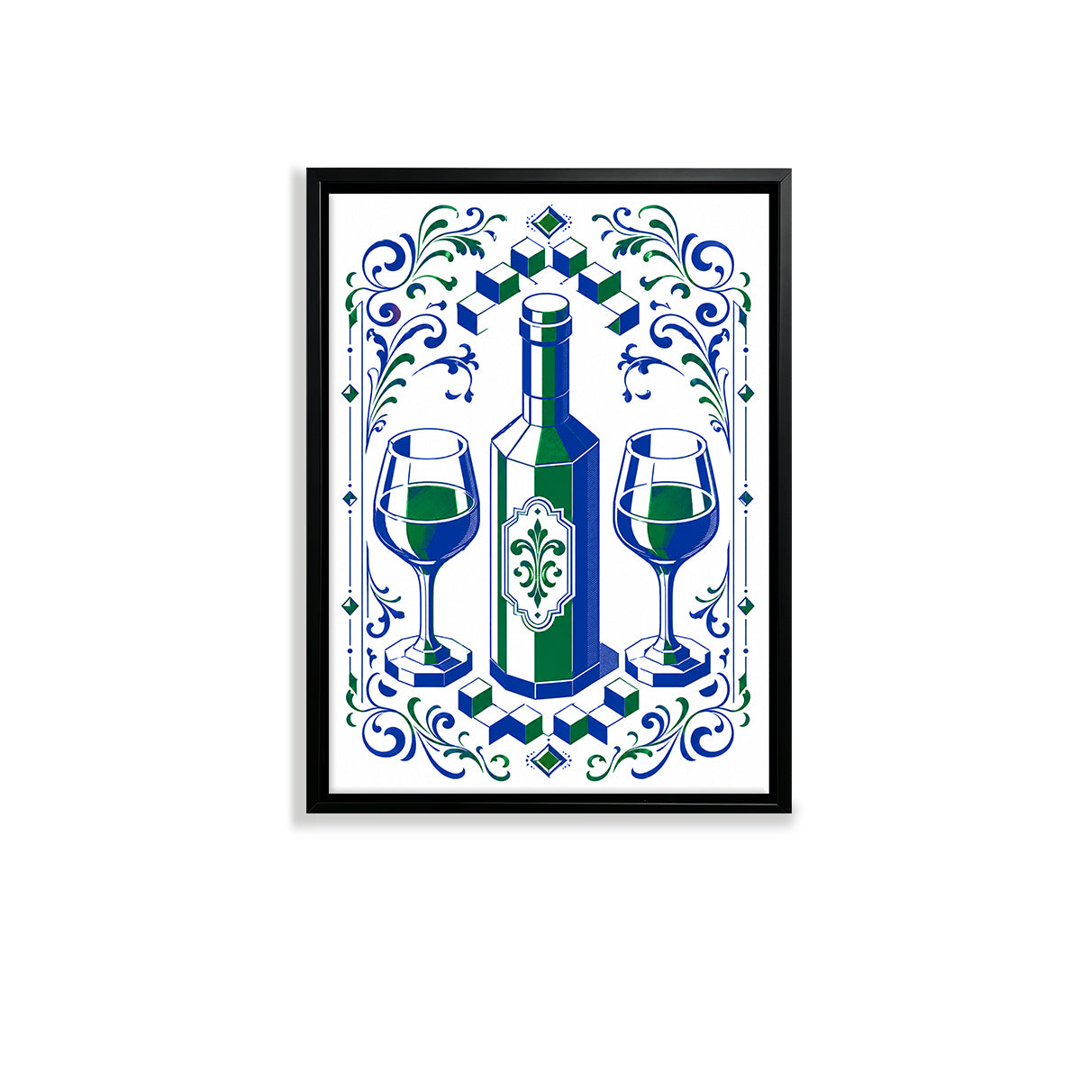 Framed Art Print Wine Bottle and Glasses Pattern in Blue and Green Style, Perfect for Home Decor or Gift
