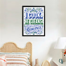 Framed Kitchen Art Print - 'I Cook, He Cleans' Typography Design - Modern Home Decor