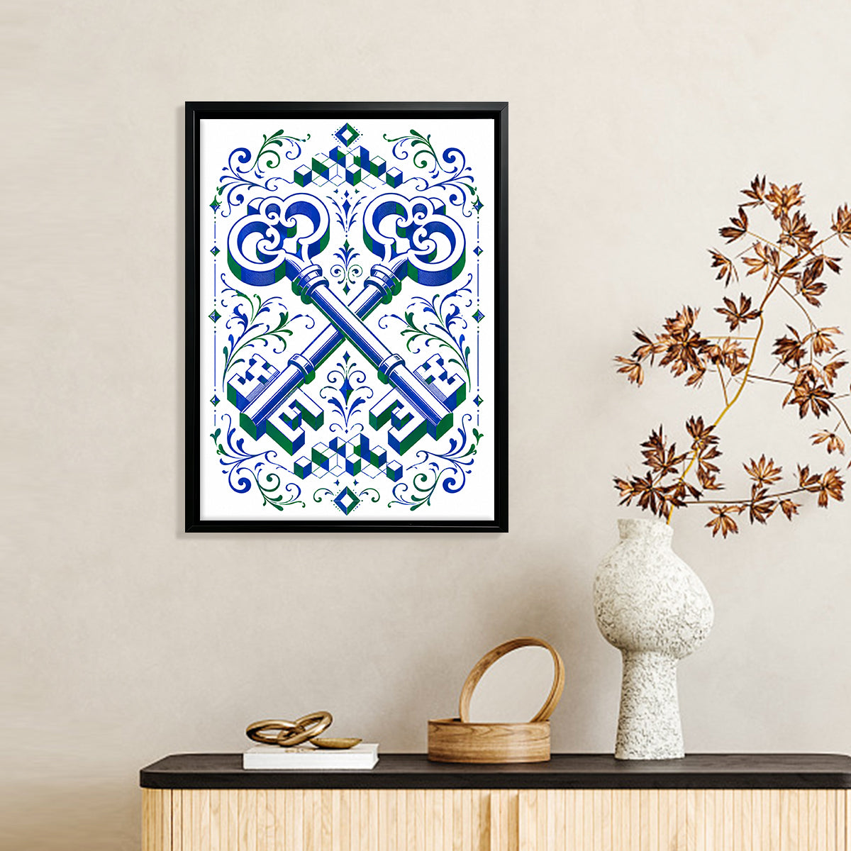 Framed Art Print with Ornate Keys Design, Vintage Style, High-Quality Paper, Perfect for Home Decor in New York