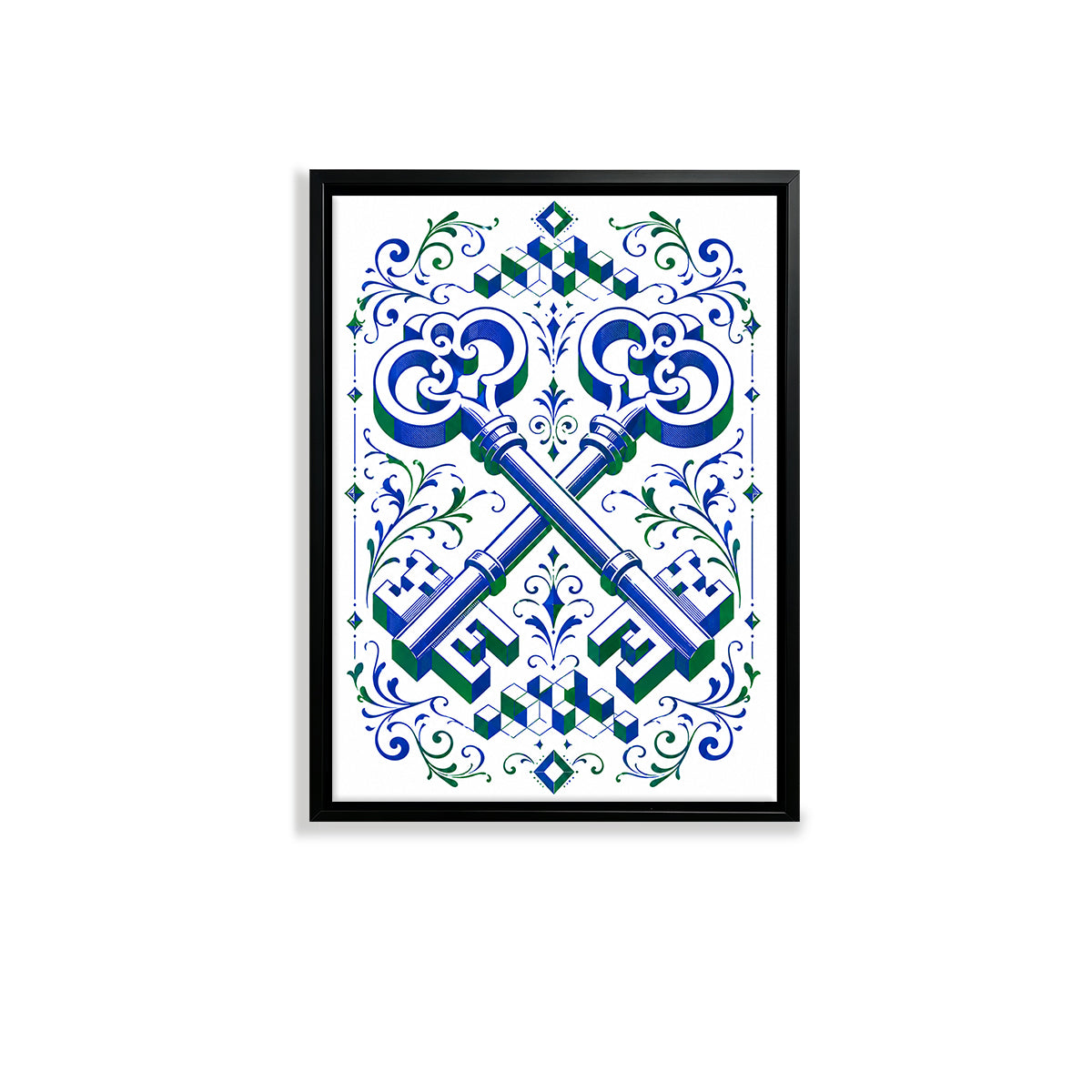 Framed Art Print with Ornate Keys Design, Vintage Style, High-Quality Paper, Perfect for Home Decor in New York