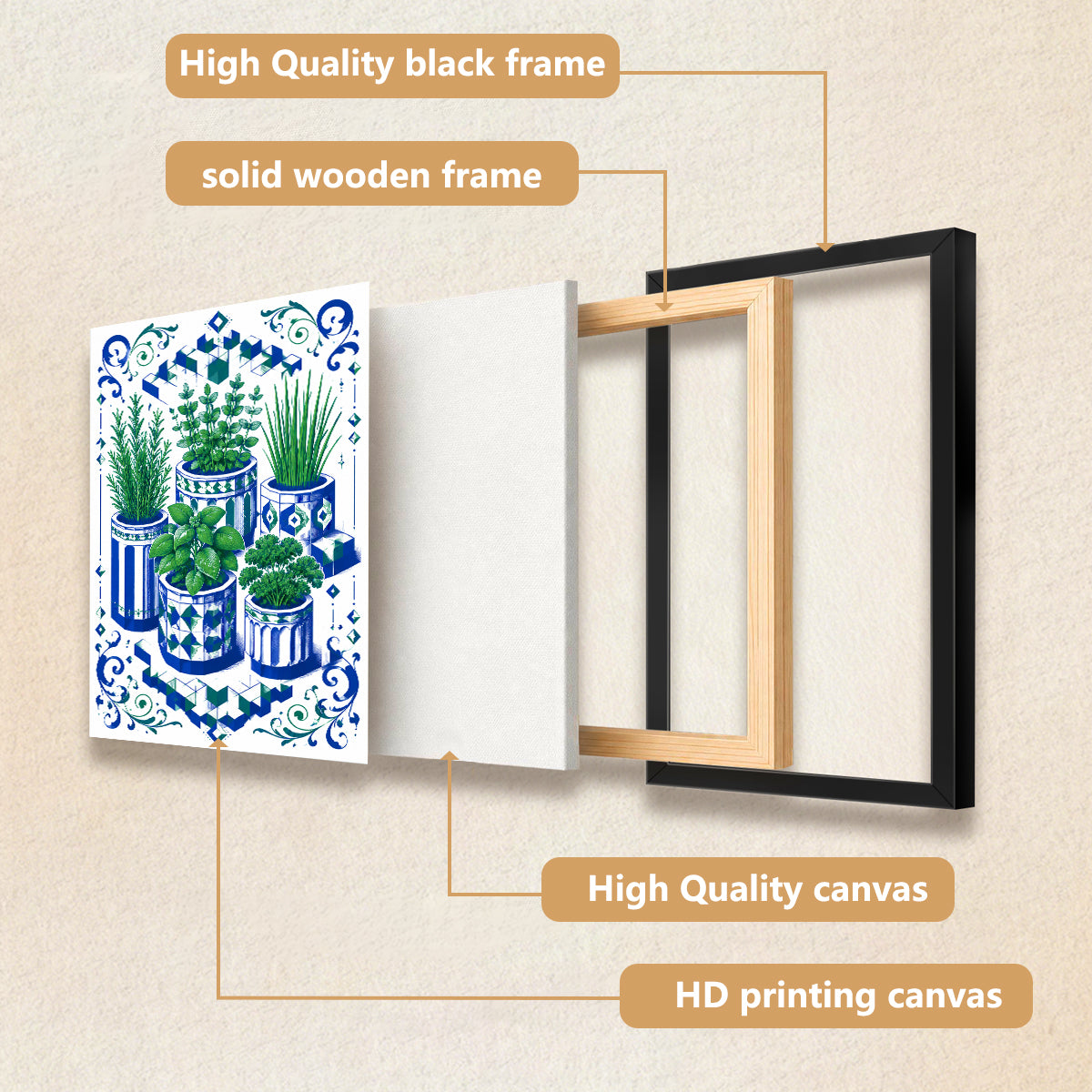 Framed Art Print Featuring Blue and White Ceramic Herb Pots, Vintage-Inspired Design, Perfect for Home Decor