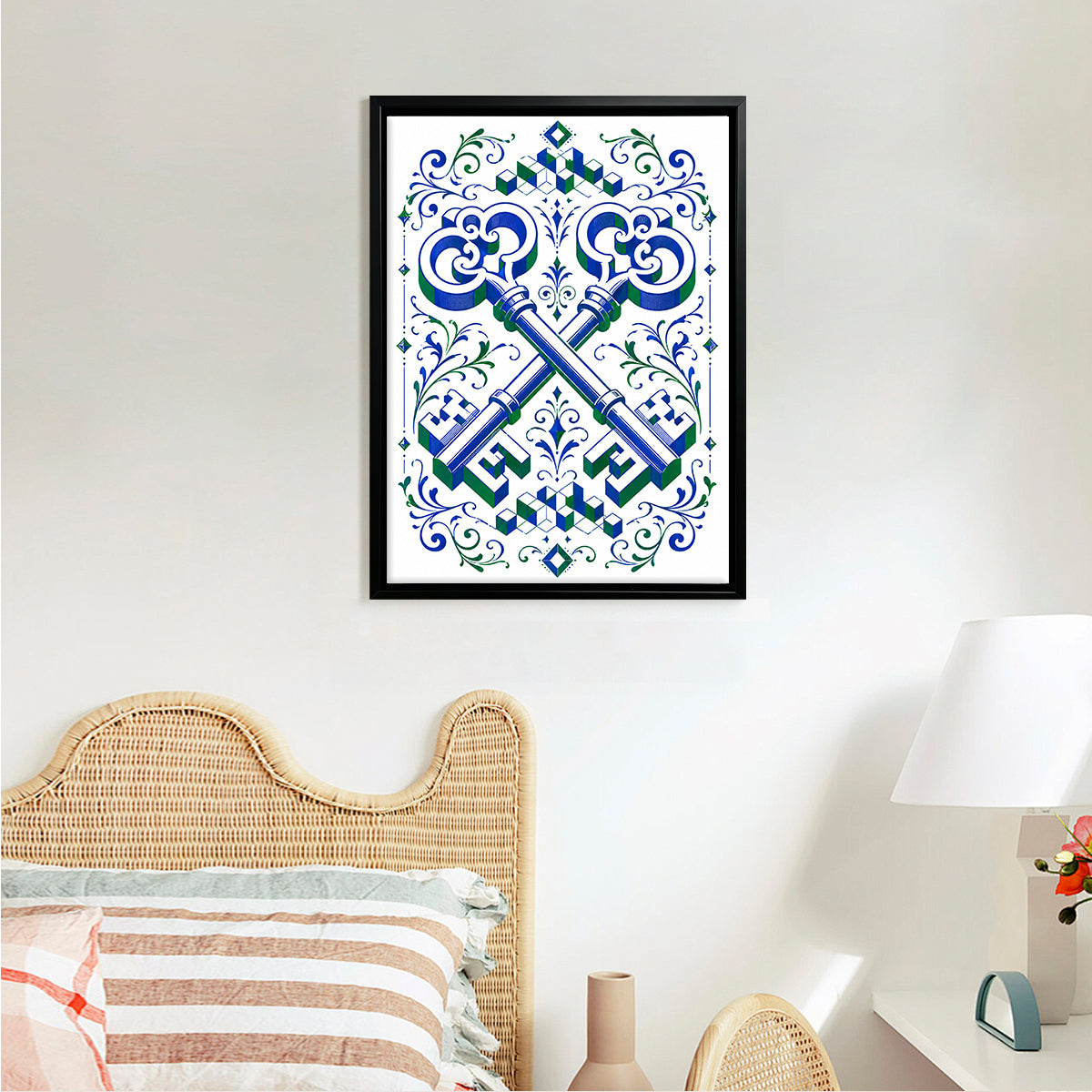 Framed Art Print with Ornate Keys Design, Vintage Style, High-Quality Paper, Perfect for Home Decor in New York