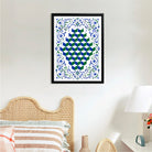 Framed Optical Cube Art Print with Ornate Blue and Green Borders, Modern Home Decor