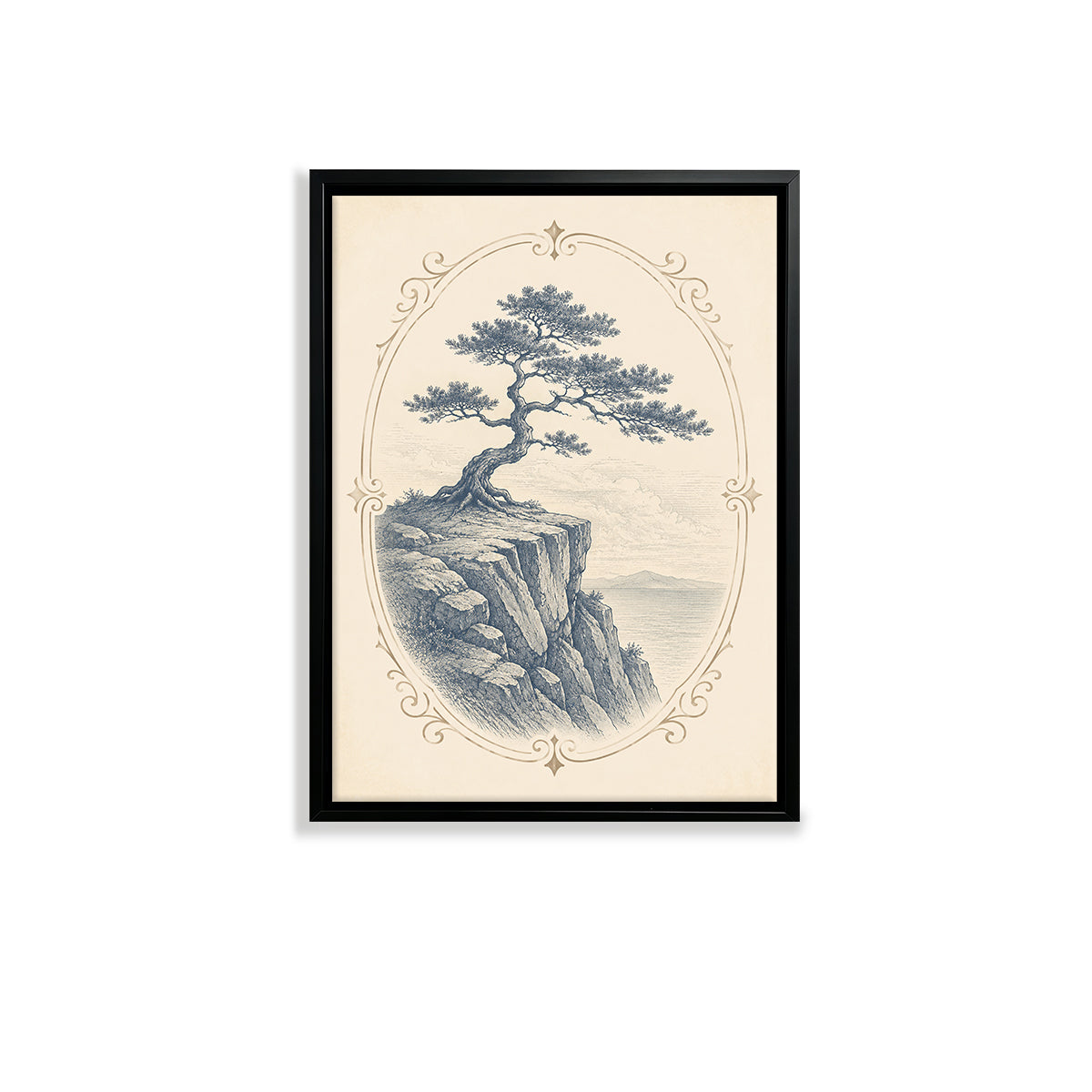 Framed Vintage Cliff Tree Art Print, Elegant Landscape Design, High-Quality Matte Finish, Perfect Home Decor for Any Room