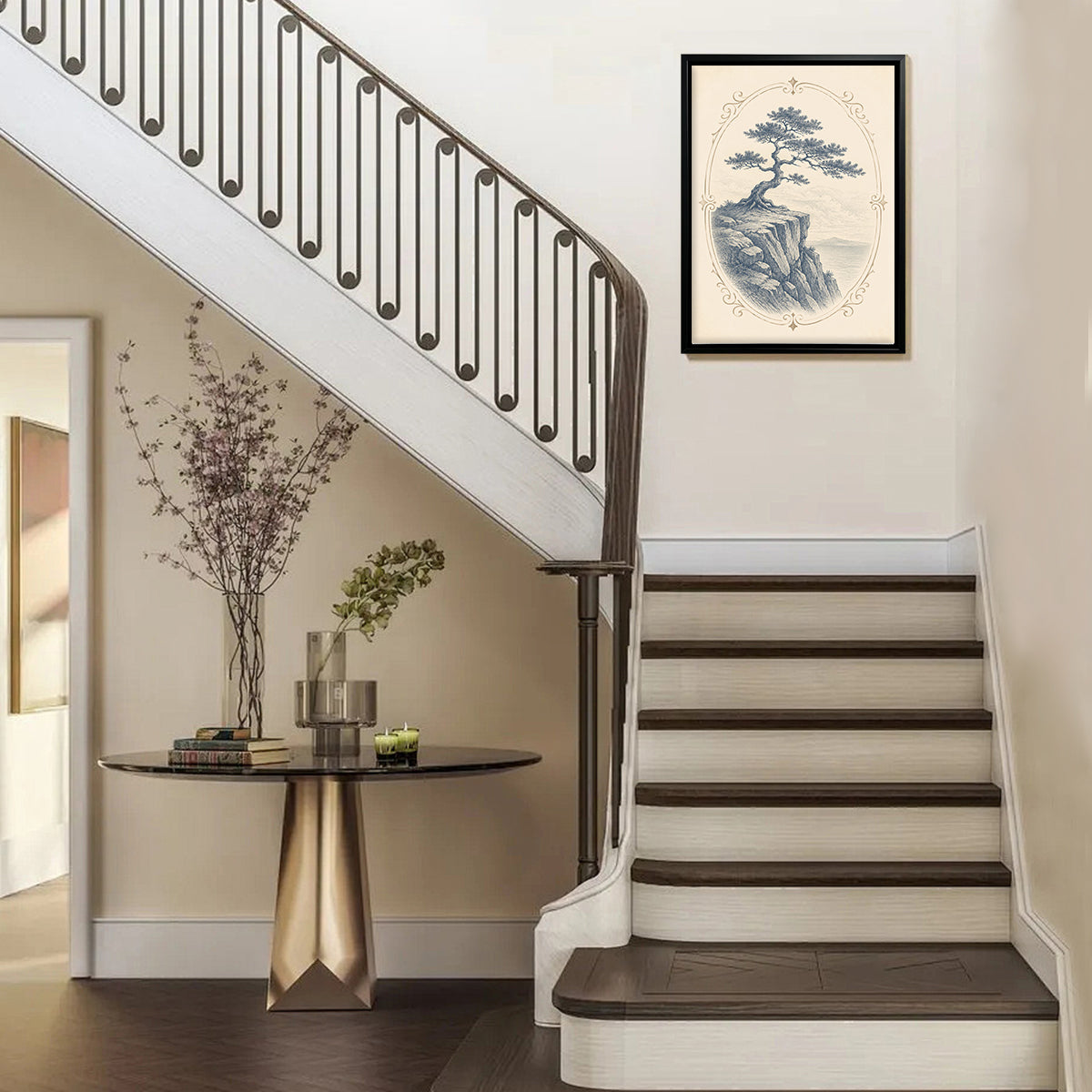Framed Vintage Cliff Tree Art Print, Elegant Landscape Design, High-Quality Matte Finish, Perfect Home Decor for Any Room