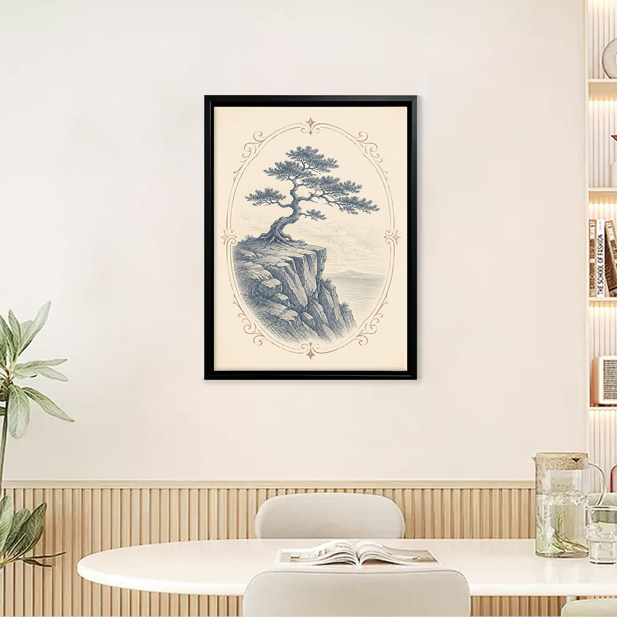 Framed Vintage Cliff Tree Art Print, Elegant Landscape Design, High-Quality Matte Finish, Perfect Home Decor for Any Room