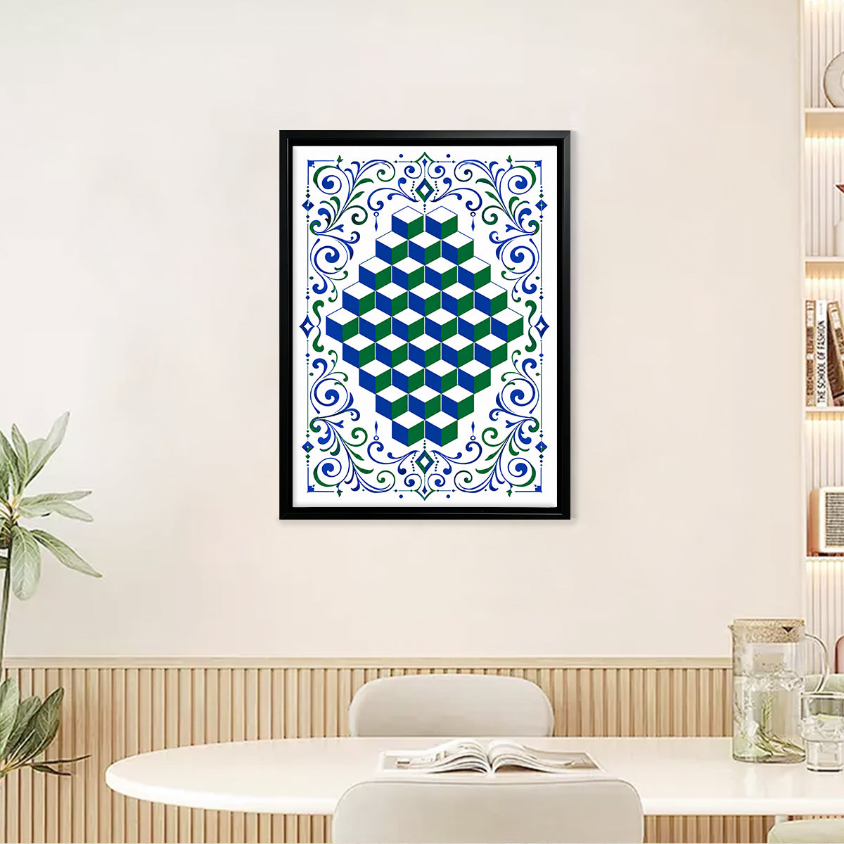 Framed Optical Cube Art Print with Ornate Blue and Green Borders, Modern Home Decor