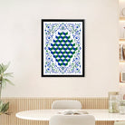 Framed Optical Cube Art Print with Ornate Blue and Green Borders, Modern Home Decor