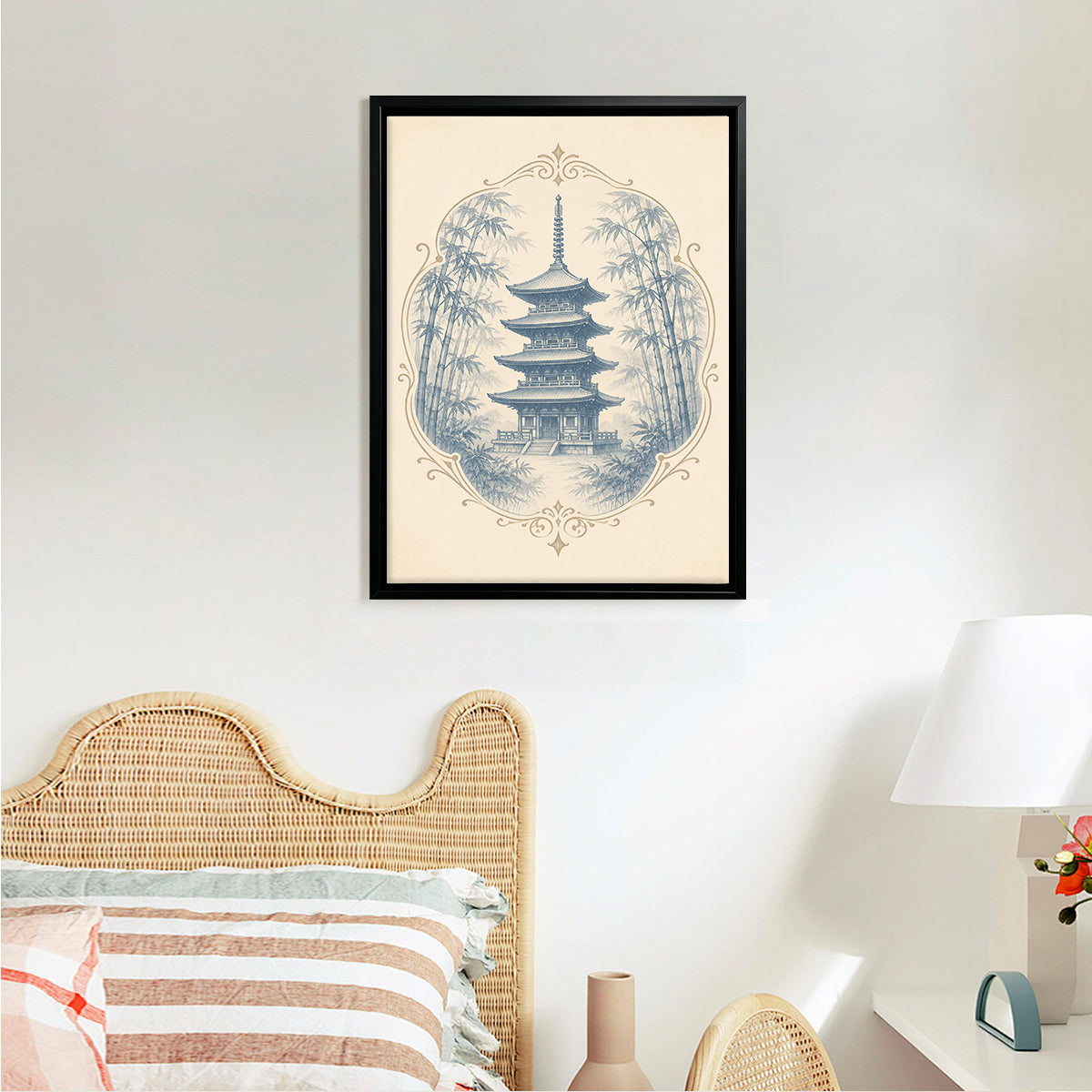Framed Asian Temple & Bamboo Art Print, Vintage-Inspired Wall Decor for Living Room or Staircase