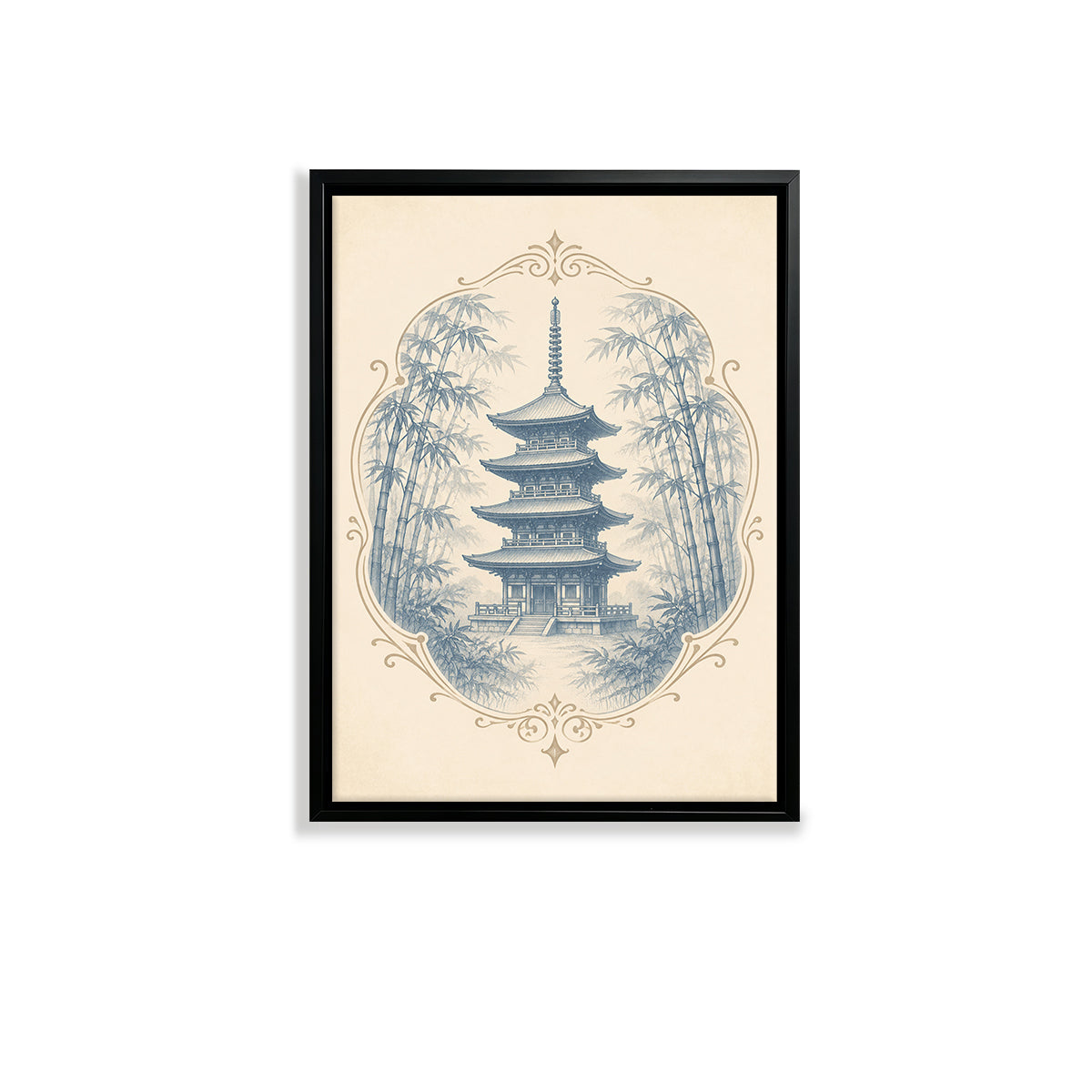Framed Asian Temple & Bamboo Art Print, Vintage-Inspired Wall Decor for Living Room or Staircase