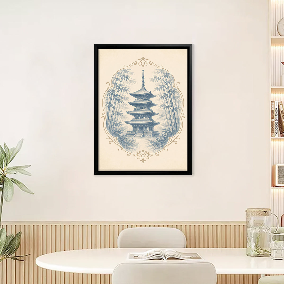 Framed Asian Temple & Bamboo Art Print, Vintage-Inspired Wall Decor for Living Room or Staircase