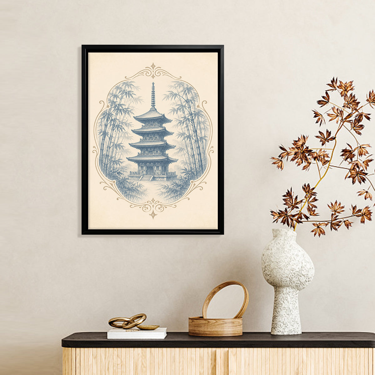 Framed Asian Temple & Bamboo Art Print, Vintage-Inspired Wall Decor for Living Room or Staircase
