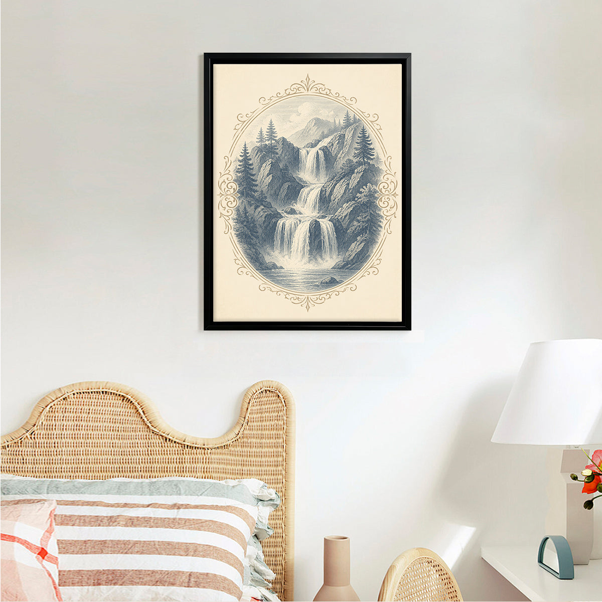 Framed Vintage Waterfall Landscape Art Print, Classic Style, High-Quality Matte Finish, Perfect for Home Decor in Any Room