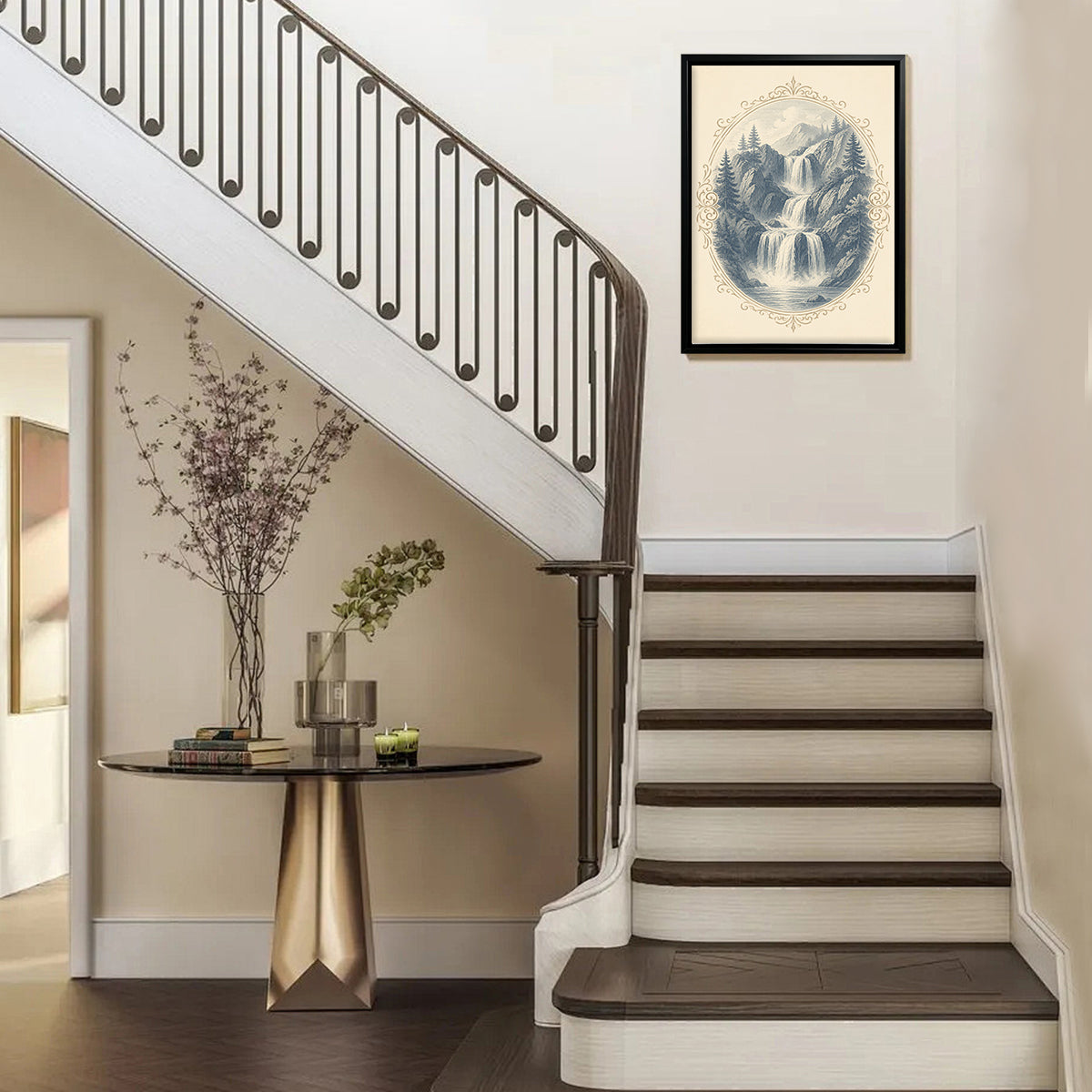 Framed Vintage Waterfall Landscape Art Print, Classic Style, High-Quality Matte Finish, Perfect for Home Decor in Any Room